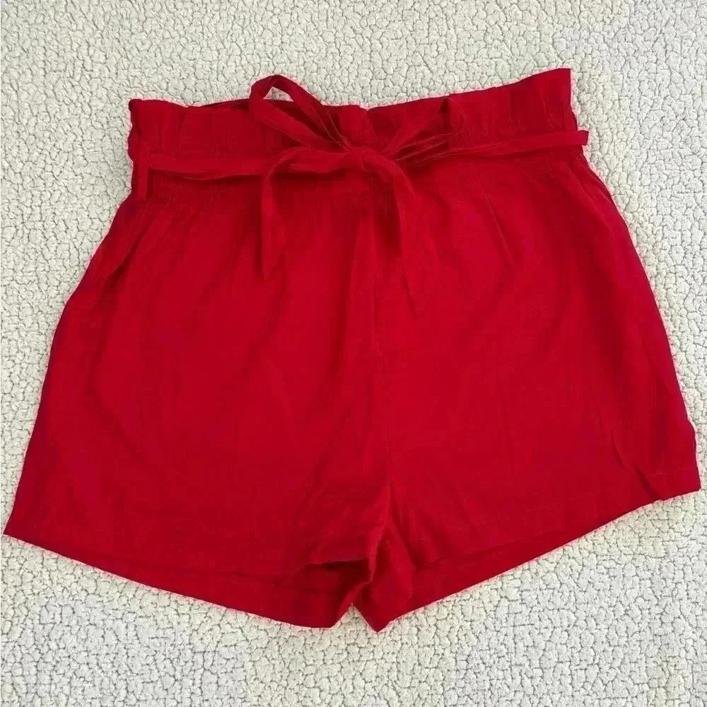 Red High-Waisted Paperbag Shorts with Tie Belt